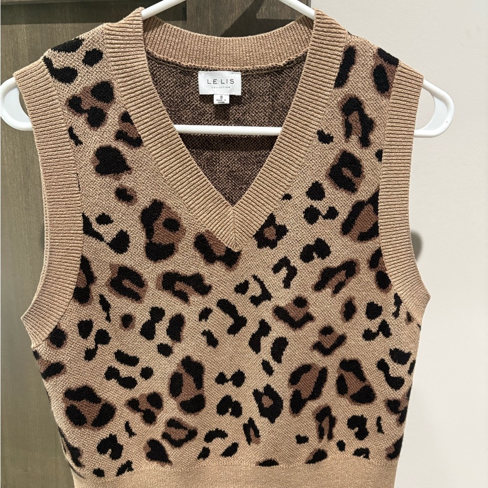 Le Lis Beige and Black Leopard V-Neck Sweater Vest